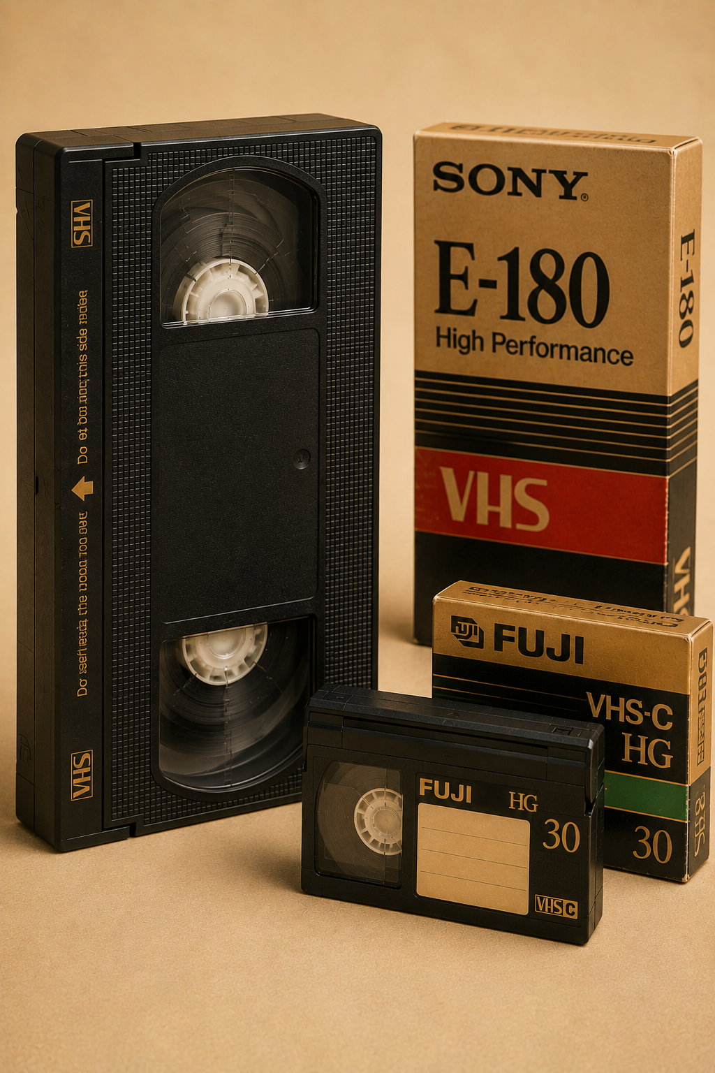 VHS- und VHS-C-Kassetten mit Verpackungen